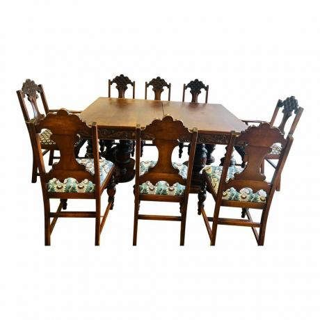 Antieke vroege jaren 1900 9-delige handgesneden houten Art Deco eetkamertafel in stoelen in Thibaut Anna Franse Cornwall en Julian bekleding