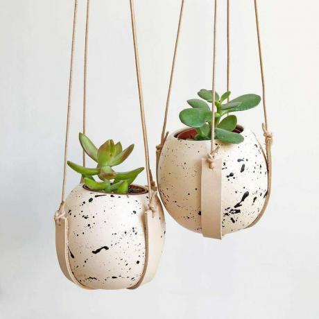 Ronde Splatter Plantenpot Met Leren Hangende Sling