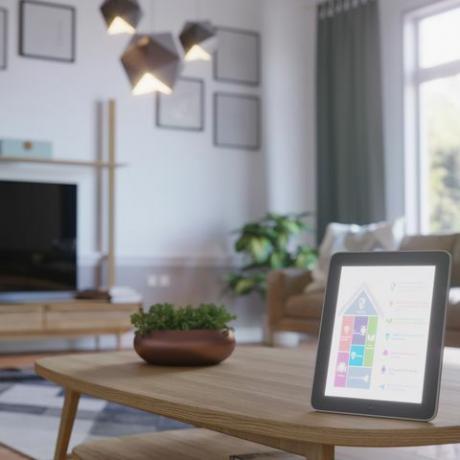 smart home control met tablet in scandinavische stijl woonkamer interieur 3d render