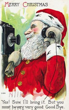 Ansichtkaart van de kerstman met telefoon