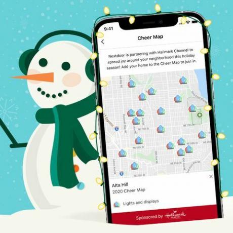 nextdoor cheer map promo met sneeuwpop die een telefoon met een kaart vasthoudt