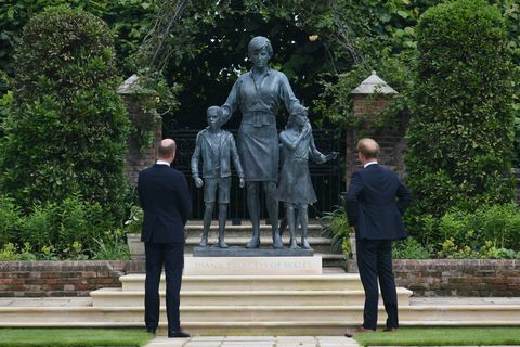 prins william en prins harry staan ​​voor het standbeeld van prinses diana﻿