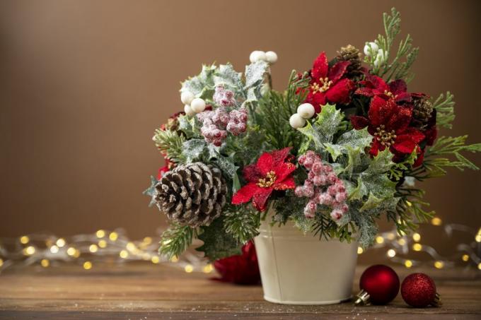 Kerst feestelijk arrangement met rode poinsettia op bruine achtergrond met bokeh lichten