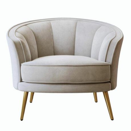 Beige fluwelen fauteuil met metalen poten