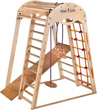 Houten speeltoestellen voor kinderen van 1 tot 5 jaar en ouder - klimnet, Zweedse ladder, schommelringen, glijbaan - veilig houten frame - capaciteit van 60 kg