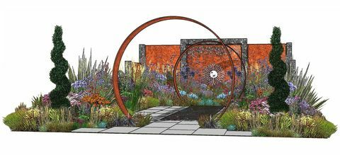 de zonnestraaltuin, showtuin, ontworpen door charlie bloom en simon webster, rhs hampton court paleistuinfestival 2022