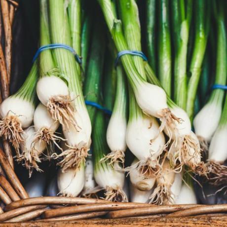 lente-uitjes in een mandje vers geplukt bij een boerenmarkt winkel verse groenten