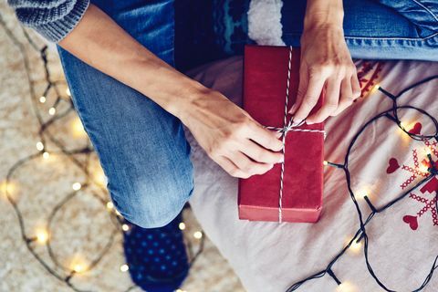 High Angle View Of Wrapped Christmas Gift