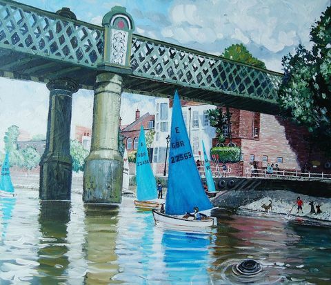 Zeilclub op de rivier, Putney door Nick Holly. Acryl op canvas, 50 x 76cm. £ 3.500 in The Russell Gallery op de Affordable Art Fair Battersea