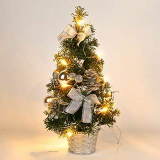 Mrinb Kleine Kerstboom met Lichten, Mini Desktop Decoratie Boom voor Thuiskantoor Winkelen Bar (Zilver)