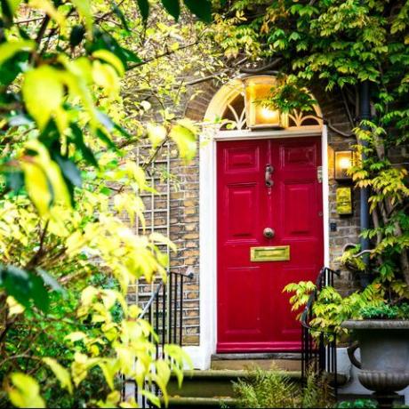 kleurenafbeelding van de buitenkant van een gebouw in een traditionele stadsstraat in Hampstead, een welvarend gebied van Londen, Verenigd Koninkrijk het huis heeft een mooie rode deur, rode bakstenen muren en de gevel is versierd met een weelderige, groene struikkamer voor kopiëren ruimte