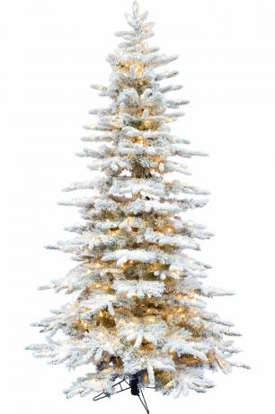 7,5 voet. Gevlokte kunstmatige bergpijnboom, voorverlichte kerstboom
