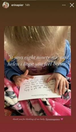 screenshot van het instagramverhaal van erin Napier van haar dochter Helen die het briefje leest