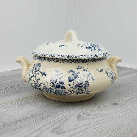 Prachtige antieke Franse vroege jaren 1900 Gien Porselein Deep Blue Mai Transferware TureenSoupière