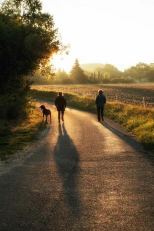 twee vrouwen die een hond uitlaten bij zonsopgang