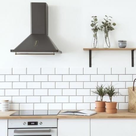 Moderne Scandinavische open ruimte met keukenaccessoires, planten, houten plank en strozak. Designkamer met witte bakstenen muren.