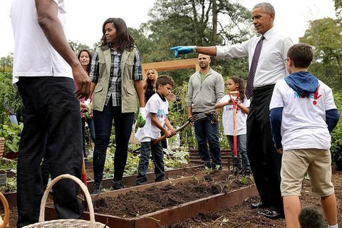 Amerikaanse First Lady Michelle Obama en president Barack Obama organiseren een evenement om de White House Kitchen Garden op het South Lawn of the White House te oogsten op 6 oktober 2016 in Washington, DC